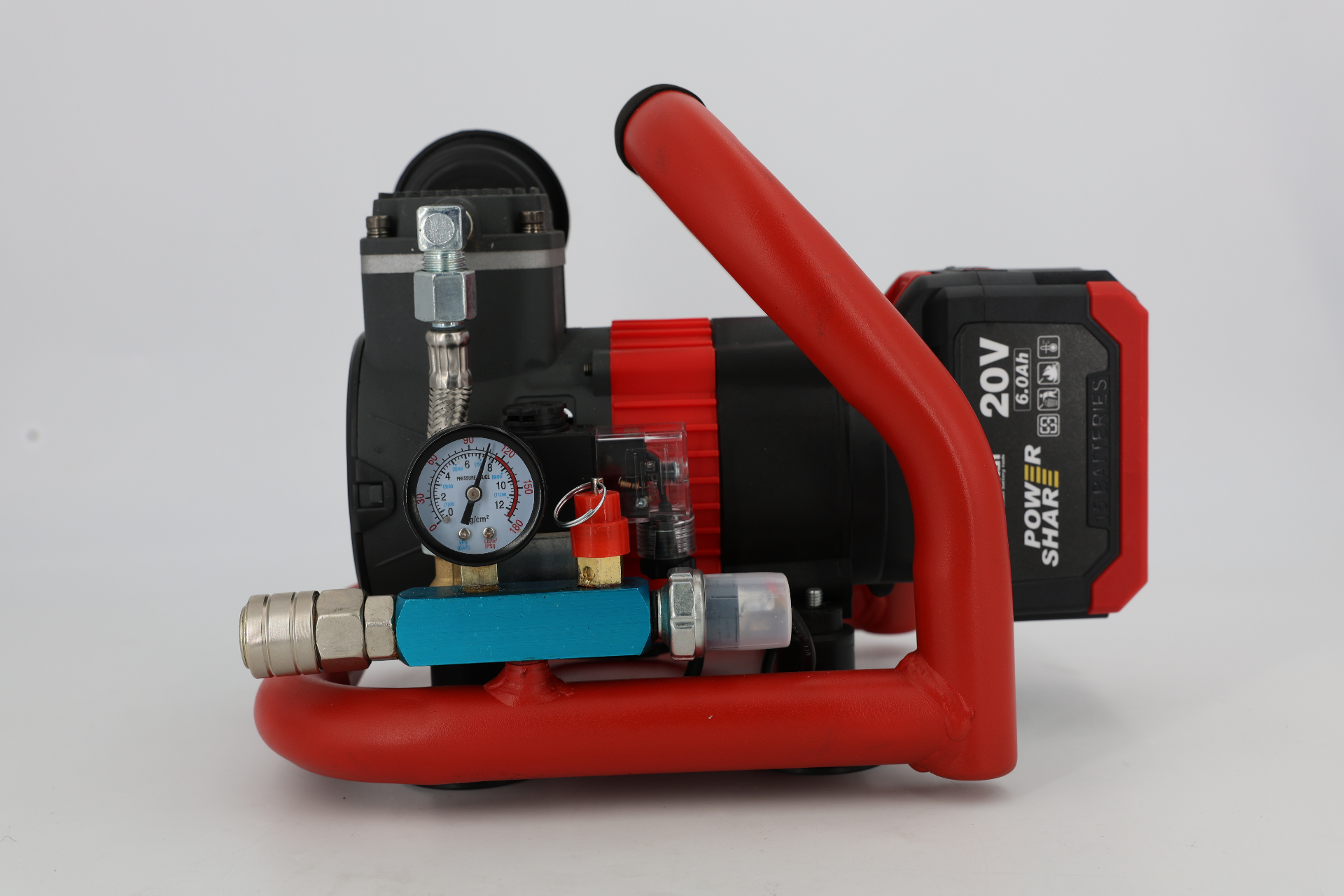 WOERDI 1023AP-04 20V cordless tank air compressor with roll-cage frame and 6.0Ah battery