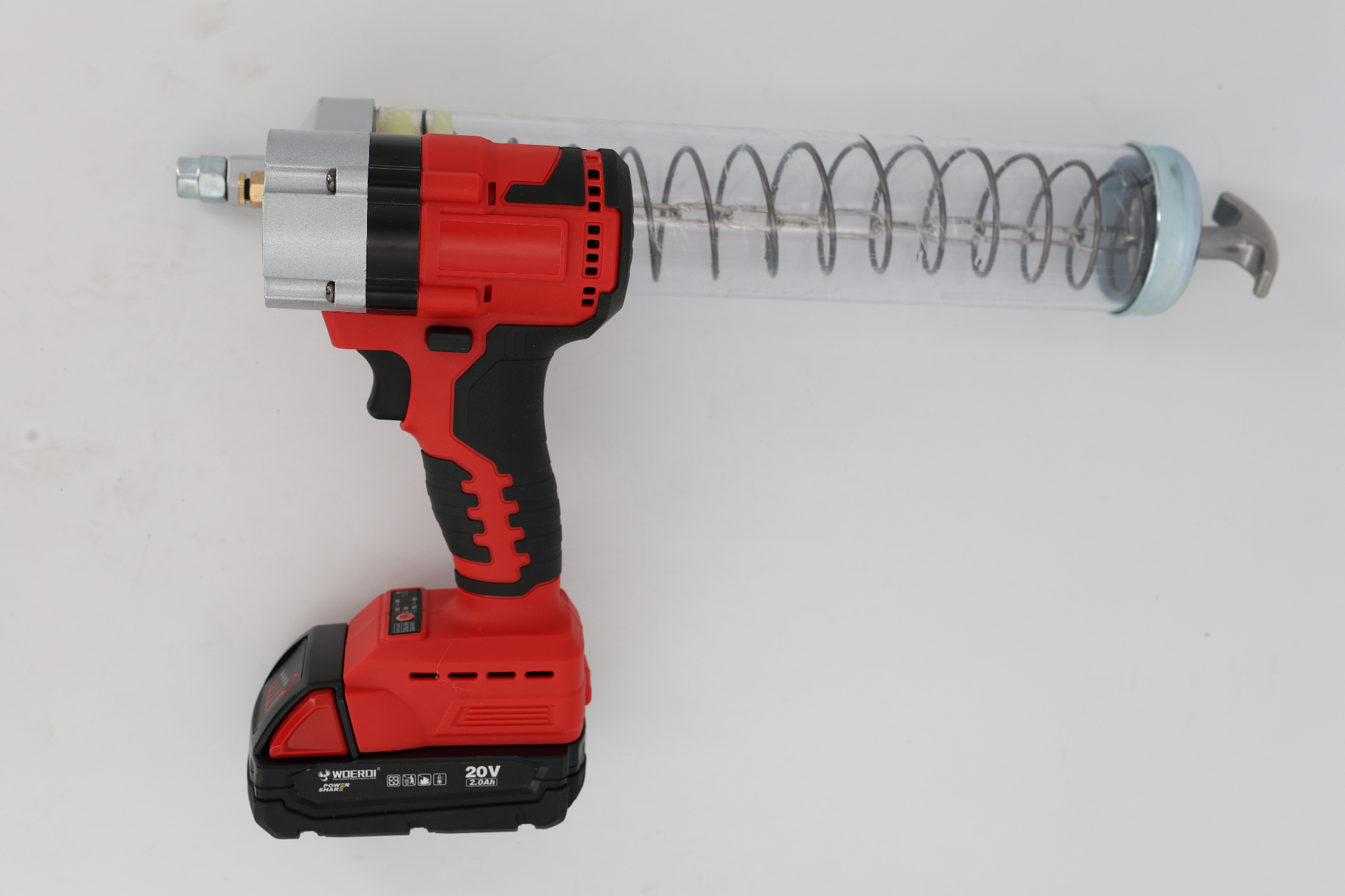 WOERDI 1027GG-01 20V cordless grease gun with transparent barrel and 20V battery